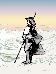 Illustration d'un voyageur contemplant les montagnes du haut pays niçois