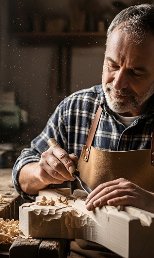Menuisier sculptant le bois au ciseau dans son atelier artisanal